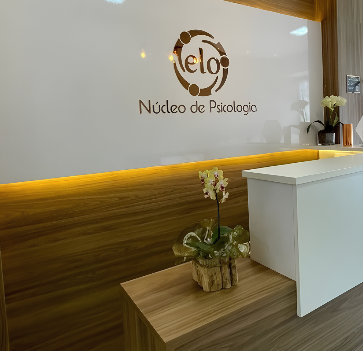 Sala de espera acolhedora da Elo Núcleo de Psicologia